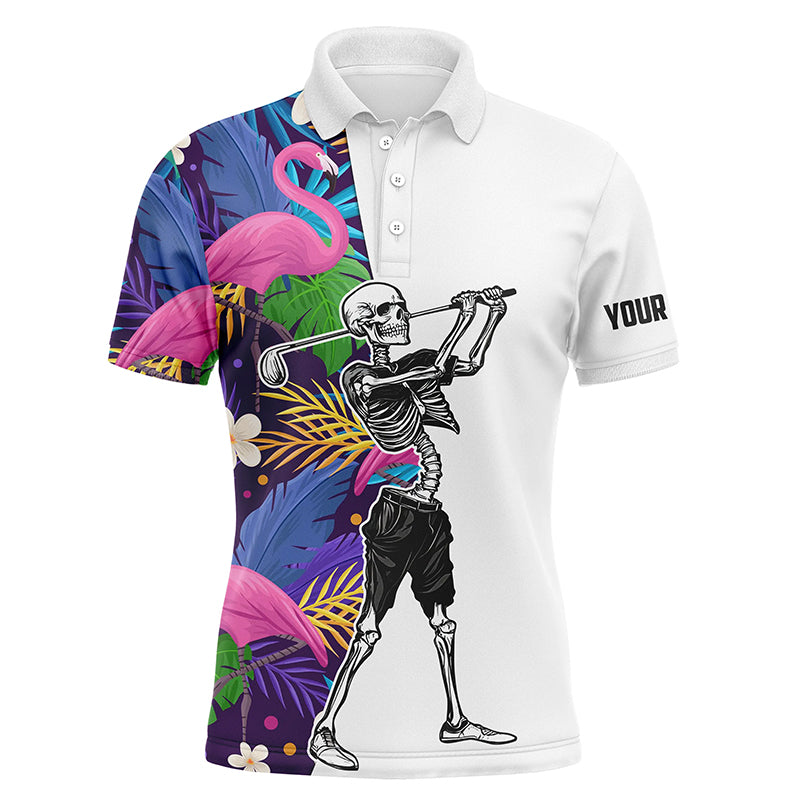 Funny Skull Golf polo shirts for men colorful tropical flamingo custom ChipteeAmz