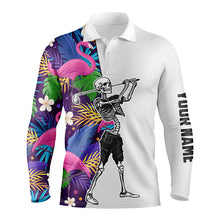 Load image into Gallery viewer, Funny Skull Golf polo shirts for men colorful tropical flamingo custom golf apparel NQS5267