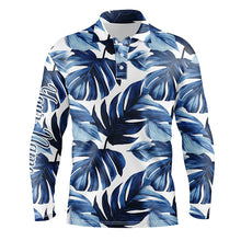 Load image into Gallery viewer, Mens golf polo shirts custom blue monstera leaf pattern golf tops for mens, gifts for the golfers NQS7637