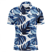 Load image into Gallery viewer, Mens golf polo shirts custom blue monstera leaf pattern golf tops for mens, gifts for the golfers NQS7637