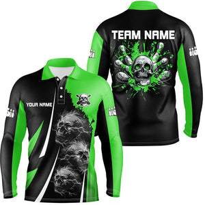 Green and Black Mens bowling polo, quarter zip shirts Custom Skull bowling ball and pins Team Jerseys NQS7641