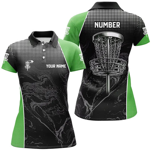 Black camo Women disc golf polo shirts custom team disc golf basket jerseys, unique golf gifts | Green NQS7848