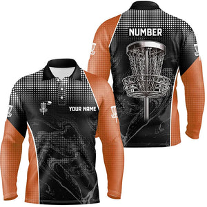 Black camo Mens disc golf polo shirts custom team disc golf basket jerseys, unique golf gifts | Orange NQS7849