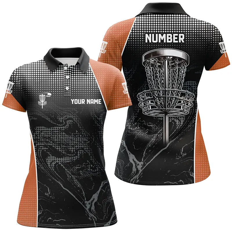 Black camo Women disc golf polo shirts custom team disc golf basket jerseys, unique golf gifts| Orange NQS7849