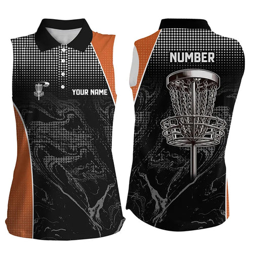 Black camo Women sleeveless disc golf polo shirts custom team disc golf basket jerseys | Orange NQS7849