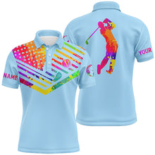 Load image into Gallery viewer, Mens golf polo shirt watercolor American flag custom name light blue golf shirt NQS3617