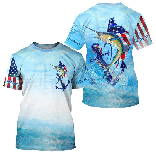 Sailfish fishing blue water anchor compass American flag custom long sleeve deep sea Fishing jerseys NQS5972