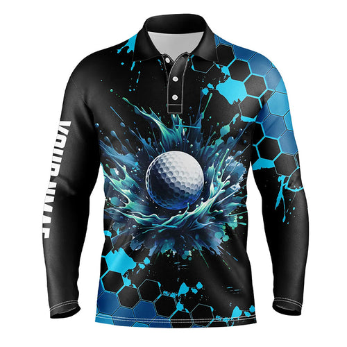 Mens golf polo shirts custom black and blue watercolor golf tops for men, gift for golf lovers NQS8070