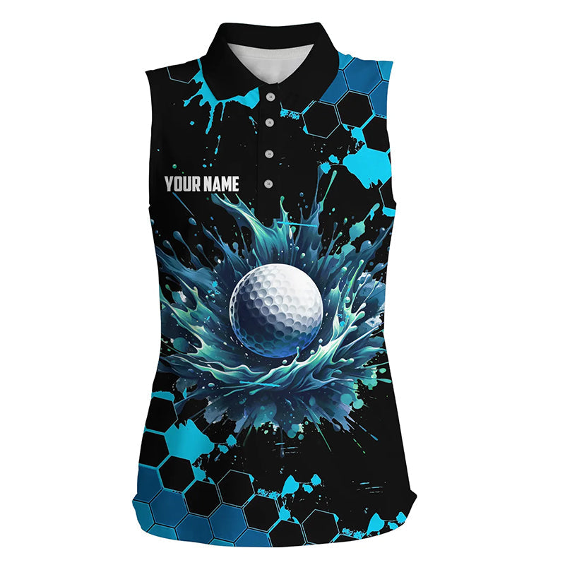 Women sleeveless golf polo shirts custom black and blue watercolor golf tops, gift for golf lovers NQS8070