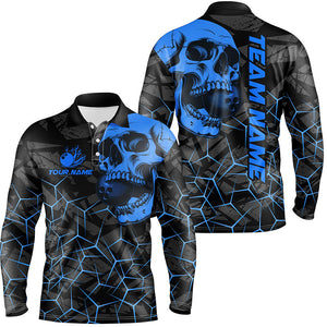 Black Skull camo bowling shirt for men custom bowling team jerseys, gifts for bowlers | Blue NQS8073