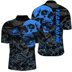 Black Skull camo bowling shirt for men custom bowling team jerseys, gifts for bowlers | Blue NQS8073