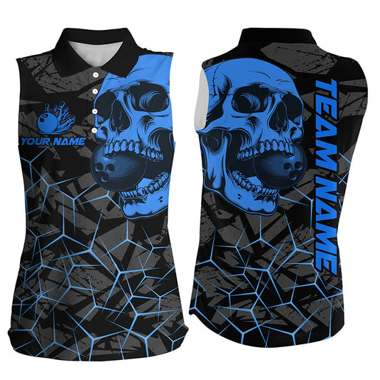 Black Skull camo bowling Sleeveless Polo shirts custom bowling team jerseys | Blue NQS8073