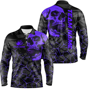 Black Skull camo bowling shirt for men custom bowling team jerseys, gifts for bowlers | Purple NQS8074