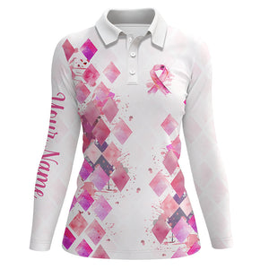 Watercolor Pink ribbon argyle pattern Women golf polo shirts custom breast cancer awareness shirts NQS8285