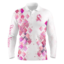 Load image into Gallery viewer, Watercolor Pink ribbon argyle pattern Men golf polo shirts custom breast cancer awareness polo shirts NQS8285