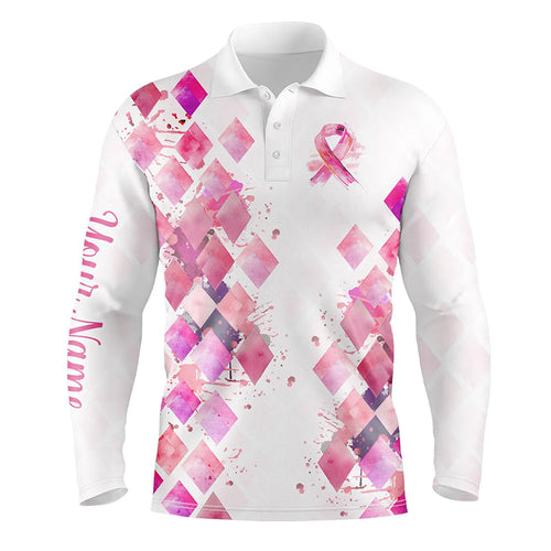 Watercolor Pink ribbon argyle pattern Men golf polo shirts custom breast cancer awareness polo shirts NQS8285