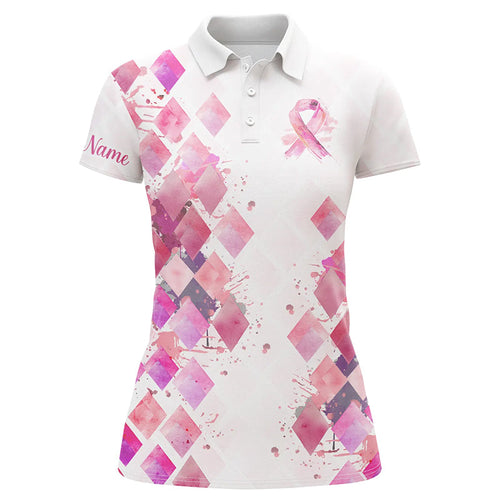 Watercolor Pink ribbon argyle pattern Women golf polo shirts custom breast cancer awareness shirts NQS8285