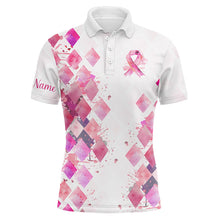 Load image into Gallery viewer, Watercolor Pink ribbon argyle pattern Men golf polo shirts custom breast cancer awareness polo shirts NQS8285