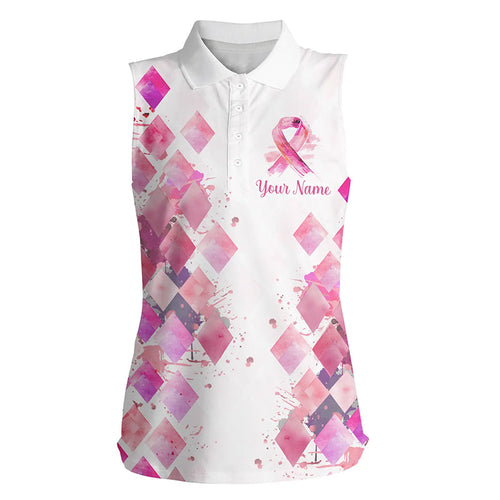 Watercolor Pink ribbon argyle pattern Womens sleeveless polo top custom breast cancer awareness shirts NQS8285