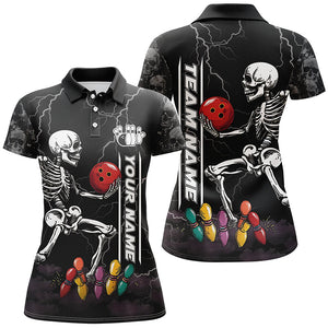 Funny Skull Bowling Women Polo, Quarter Zip Shirts Custom lightning storm Bowling Team Jerseys | Black NQS8287