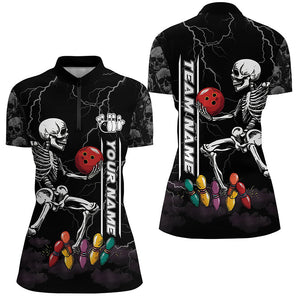 Funny Skull Bowling Women Polo, Quarter Zip Shirts Custom lightning storm Bowling Team Jerseys | Black NQS8287