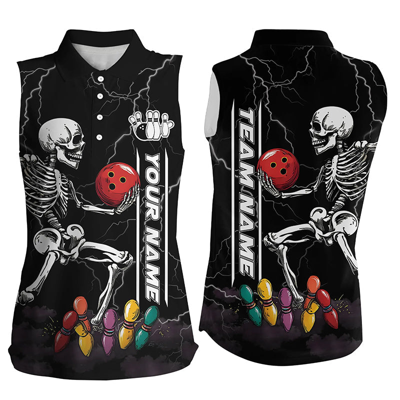 Funny Skull Bowling Women Sleeveless Polo Shirts Custom lightning storm Bowling Team Jerseys | Black NQS8287