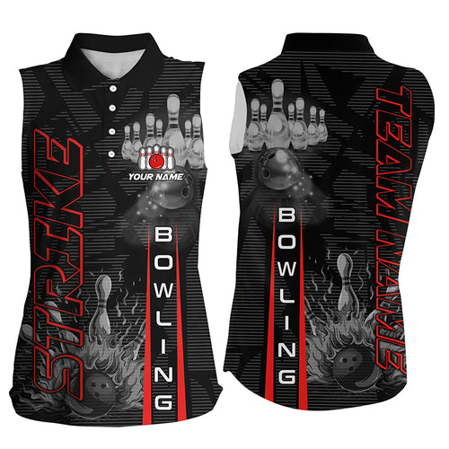 Custom Strike Bowling Sleeveless Polo Shirts For Women, Personalized Bowling Team Jerseys | Red NQS8288