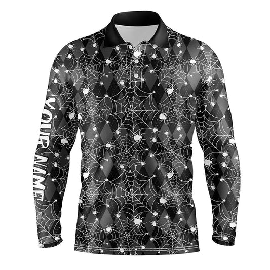 Black argyle spider web pattern Men golf polo shirts custom funny mens halloween golf shirts NQS8289
