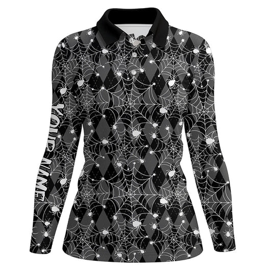 Black argyle spider web pattern Women golf polo shirts custom funny ladies halloween golf shirts NQS8289