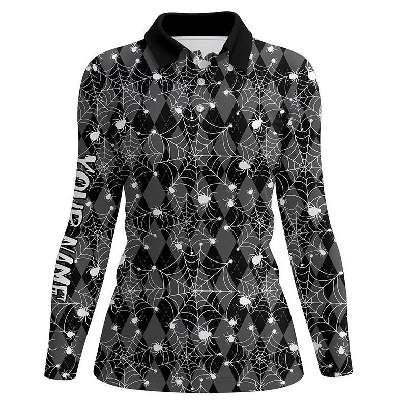 Black argyle spider web pattern Women golf polo shirts custom funny ladies halloween golf shirts NQS8289