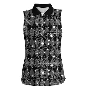 Black argyle spider web pattern Womens sleeveless polo shirts custom funny ladies halloween golf shirt NQS8289