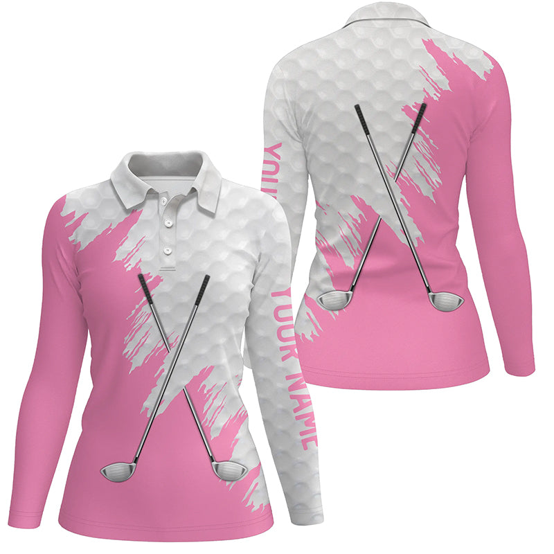 White golf ball pattern custom name golf clubs Womens golf polo shirts, team ladies golf tops | Pink NQS8495