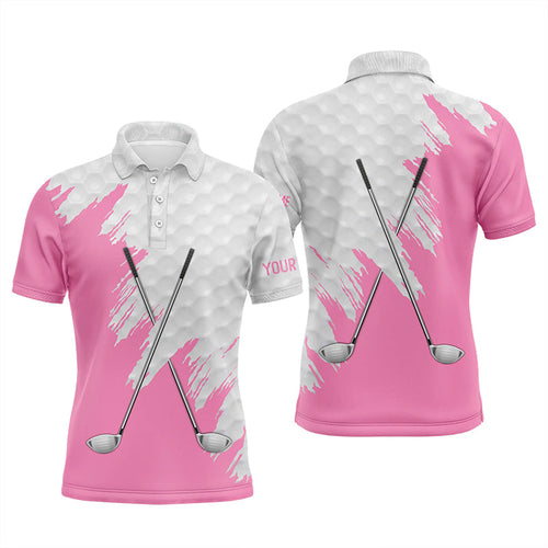 White golf ball pattern custom name golf clubs Mens golf polo shirts, team golf tops for men | Pink NQS8495