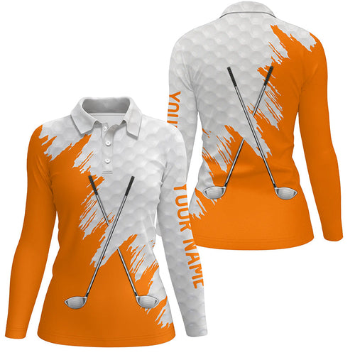 White golf ball pattern custom name golf clubs Womens golf polo shirts, team ladies golf tops | Orange NQS8497