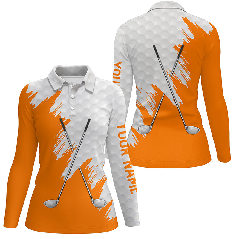 White golf ball pattern custom name golf clubs Womens golf polo shirts, team ladies golf tops | Orange NQS8497