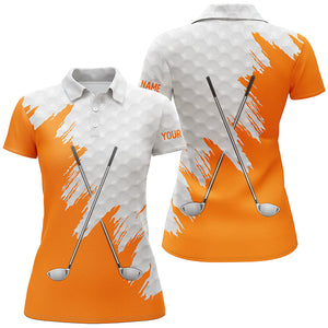 White golf ball pattern custom name golf clubs Womens golf polo shirts, team ladies golf tops | Orange NQS8497