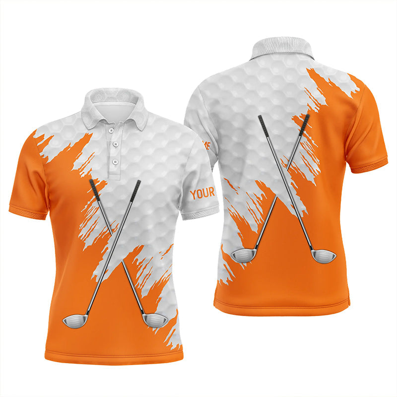 White golf ball pattern custom name golf clubs Mens golf polo shirts, team golf tops for men | Orange NQS8497