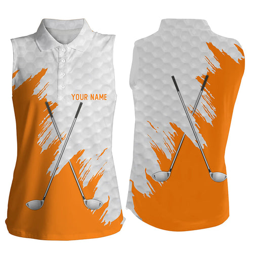 White golf ball pattern custom golf clubs Womens sleeveless polo shirts, team ladies golf top | Orange NQS8497