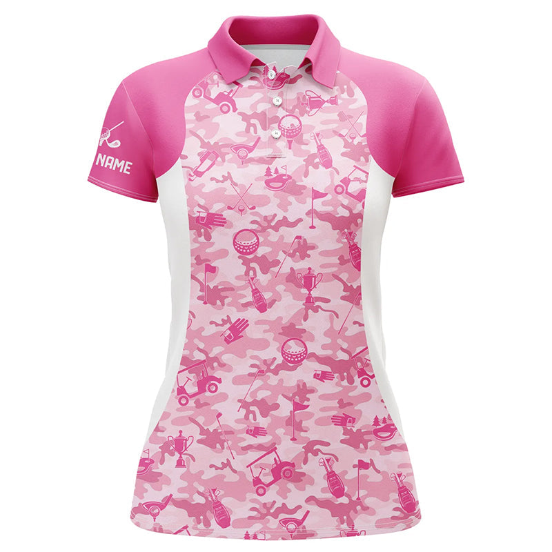 White and pink camo pattern custom name Womens golf polo shirts, golf outfit for ladies NQS8504