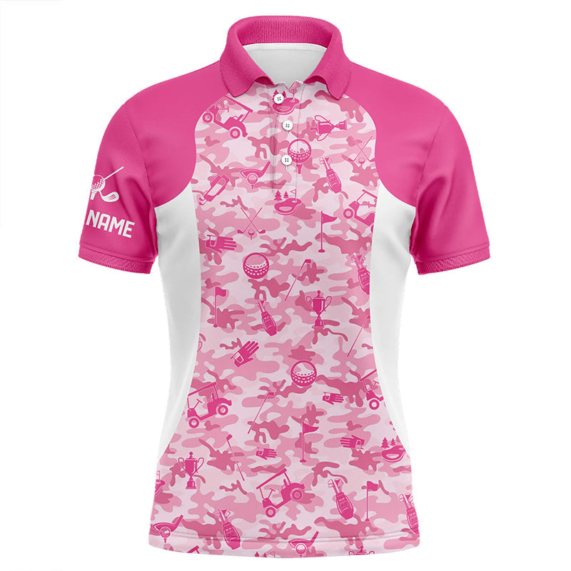 White and pink camo pattern custom name Mens golf polo shirts, golf outfit for men NQS8504