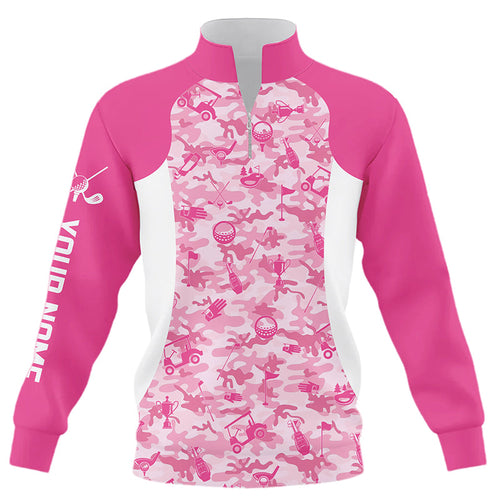 White and pink camo pattern custom name Quarter zip golf sweatshirt, golf sweater outfit NQS8504