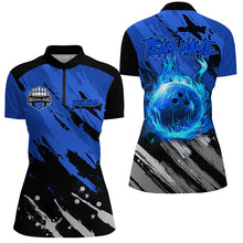 Load image into Gallery viewer, Black and Blue Flame camo bowling shirts for women Custom Flame Bowling Shirt Team Bowling Jersey NQS8970