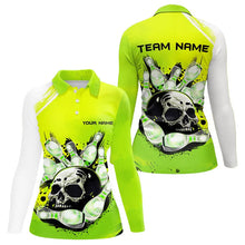 Load image into Gallery viewer, Green Skull Bowling Ball and Pins Bowling Polo, Quarter Zip Shirt for Women Custom Team Bowling Jersey NQS9211