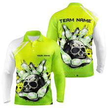 Load image into Gallery viewer, Green Skull Bowling Ball and Pins Bowling Polo, Quarter Zip Shirts for Men Custom Team Bowling Jerseys NQS9211