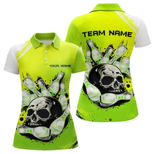 Load image into Gallery viewer, Green Skull Bowling Ball and Pins Bowling Polo, Quarter Zip Shirt for Women Custom Team Bowling Jersey NQS9211
