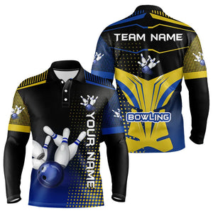 Yellow & Blue pattern Bowling Polo, 1/4 Zip shirt For Men Custom Team Bowling Jersey, Gift For Bowler NQS9212