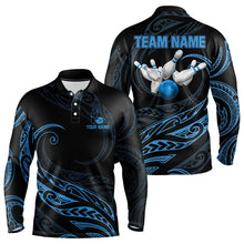 Load image into Gallery viewer, Black and Blue Tribal Pattern Bowling Polo, Quarter Zip shirts For Men Custom Team Bowling Jerseys NQS9213