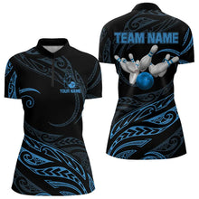 Load image into Gallery viewer, Black and Blue Tribal Pattern Bowling Polo, Quarter Zip shirts For Women Custom Team Bowling Jerseys NQS9213