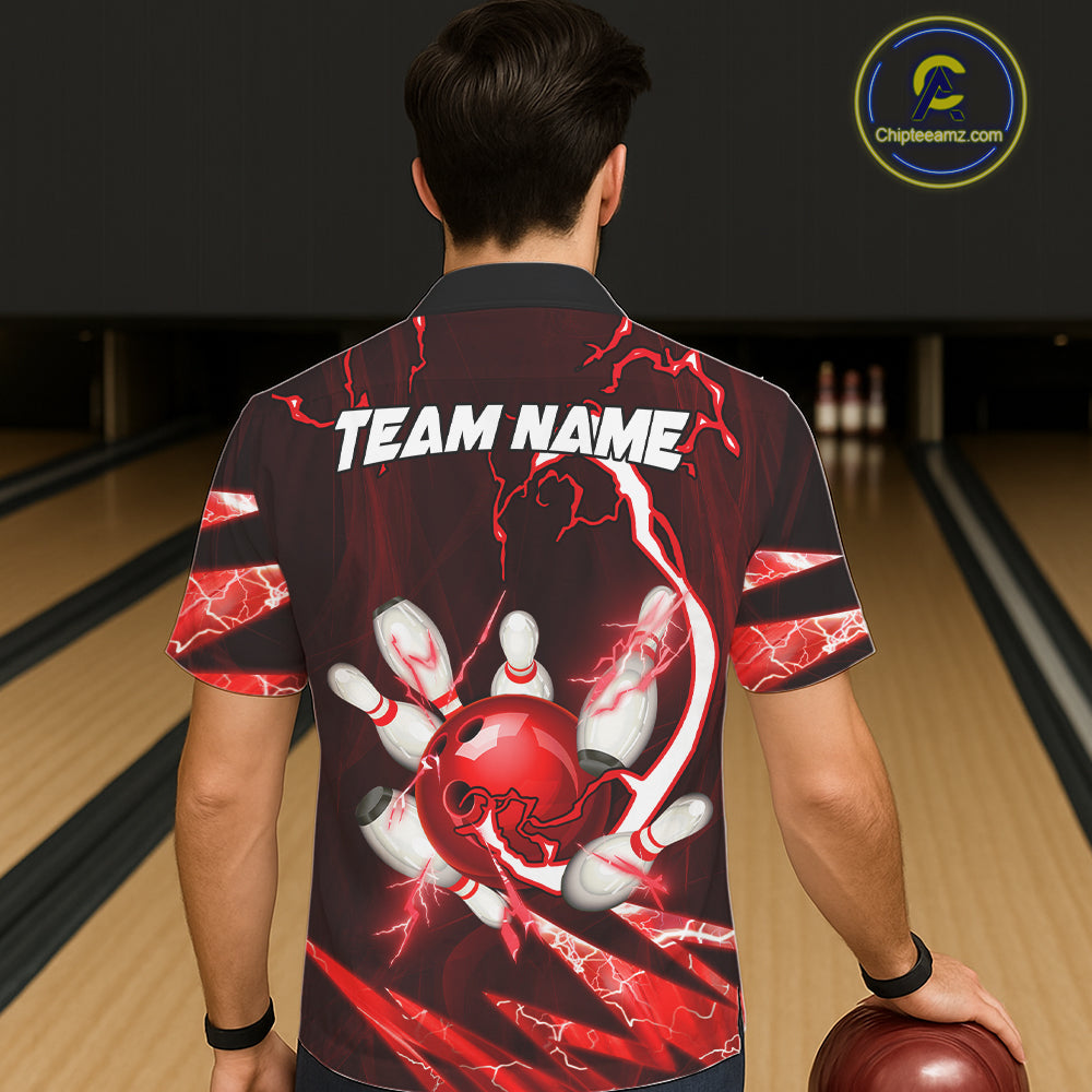 Red Thunder Lightning bowling ball and pins jersey Custom Team Bowling Hawaiian Shirt NQS11281