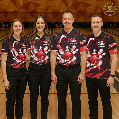 Red Thunder Lightning bowling ball and pins jersey Custom Team Bowling Polo, 1/4 Zip Shirt For Women NQS11281